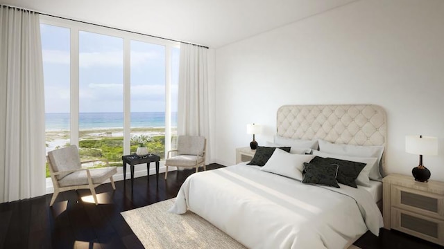 bedroom with hardwood / wood-style floors, multiple windows, a water view, and expansive windows