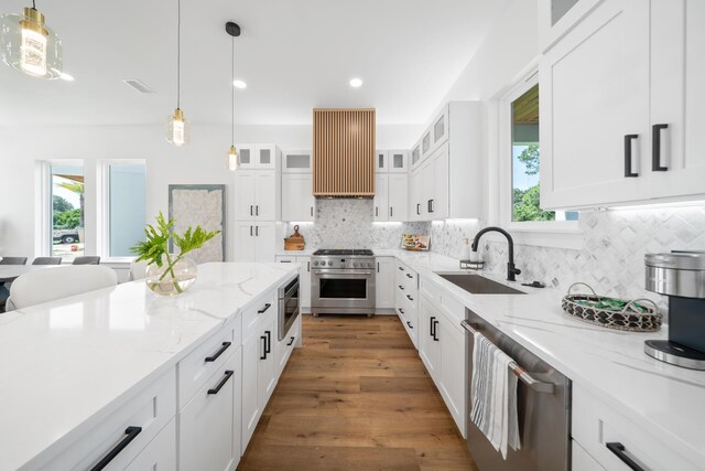 kitchen with dark wood-type flooring, white cabinets, decorative backsplash, stainless steel appliances, and premium range hood