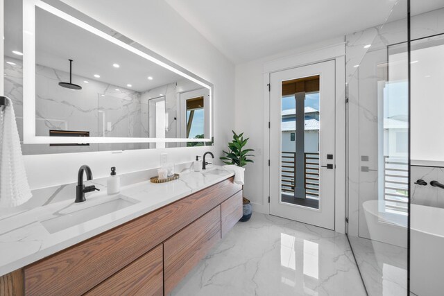 bathroom with independent shower and bath, vanity, and french doors