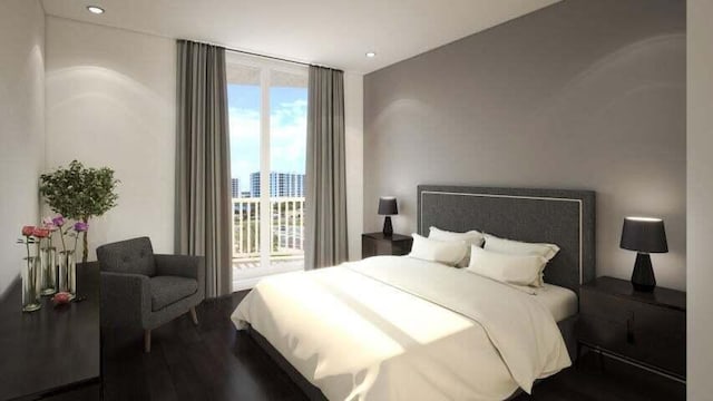 bedroom with wood-type flooring, expansive windows, and multiple windows