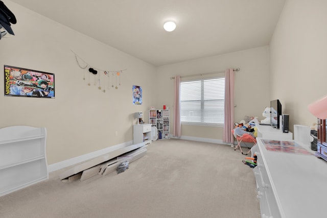 game room with light colored carpet