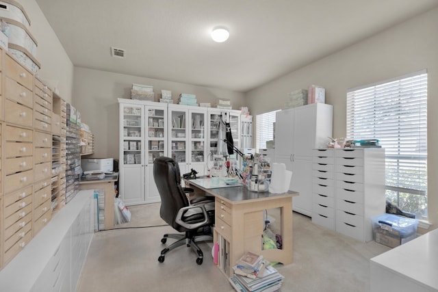 office with a wealth of natural light and light colored carpet