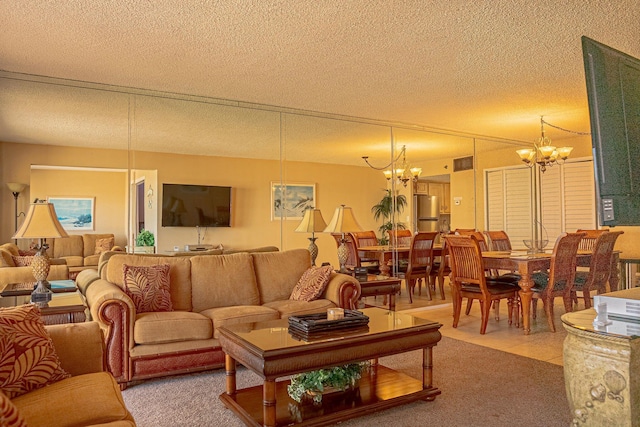 carpeted living room with a notable chandelier and a textured ceiling