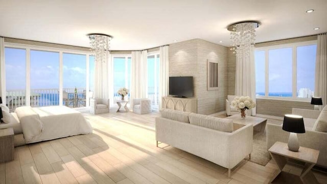 bedroom featuring light hardwood / wood-style floors and an inviting chandelier