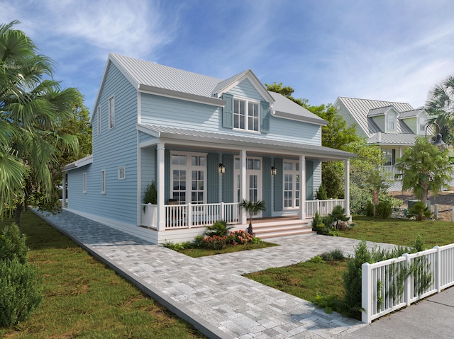 view of front of house featuring a porch and a front lawn