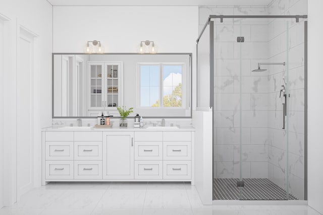 bathroom featuring dual bowl vanity, an enclosed shower, and tile floors