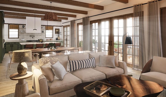 living room with light hardwood / wood-style flooring, beam ceiling, and french doors