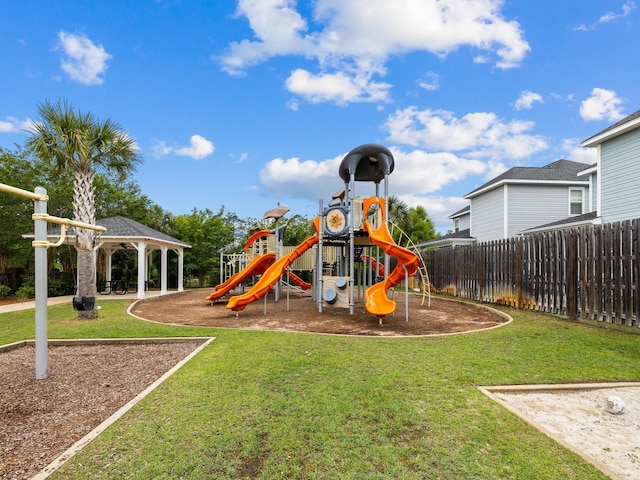 view of playground with a gazebo and a yard