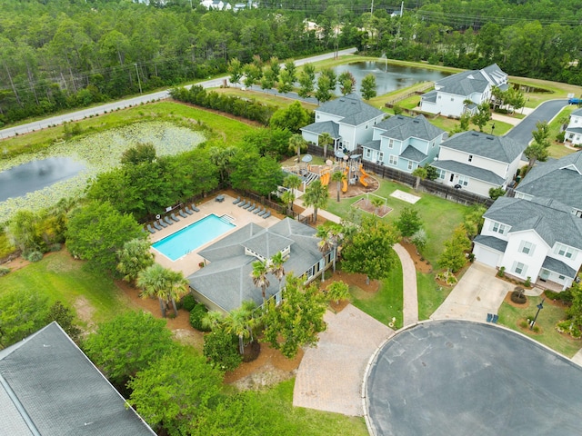 drone / aerial view featuring a water view