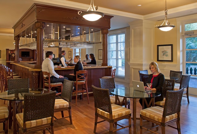 dining room with wood-type flooring, plenty of natural light, and ornamental molding