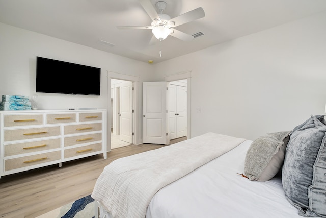 bedroom featuring ceiling fan and light wood-type flooring