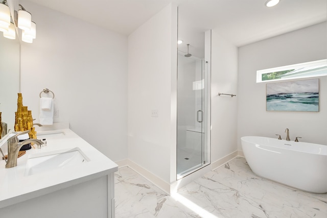 bathroom with tile flooring, double vanity, and independent shower and bath