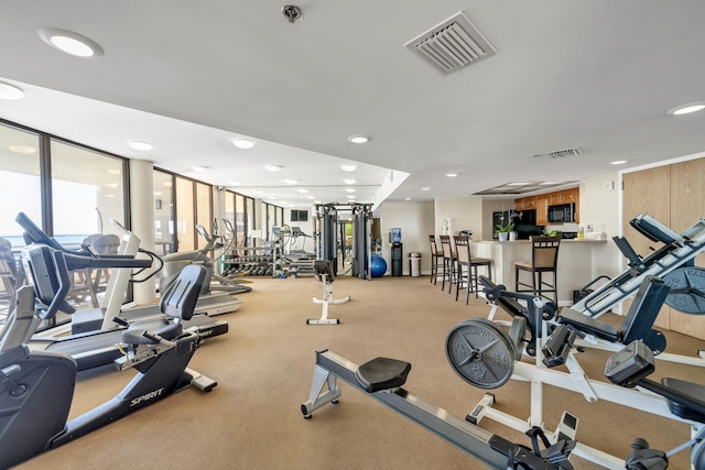 workout area with light colored carpet and expansive windows