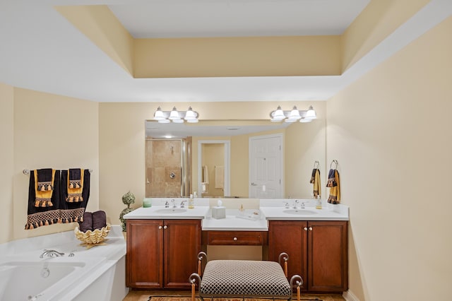 bathroom with plus walk in shower and vanity