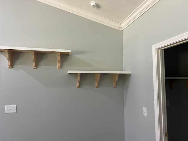 details featuring a textured ceiling and crown molding