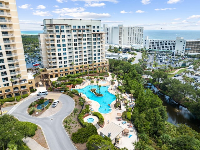 aerial view featuring a water view