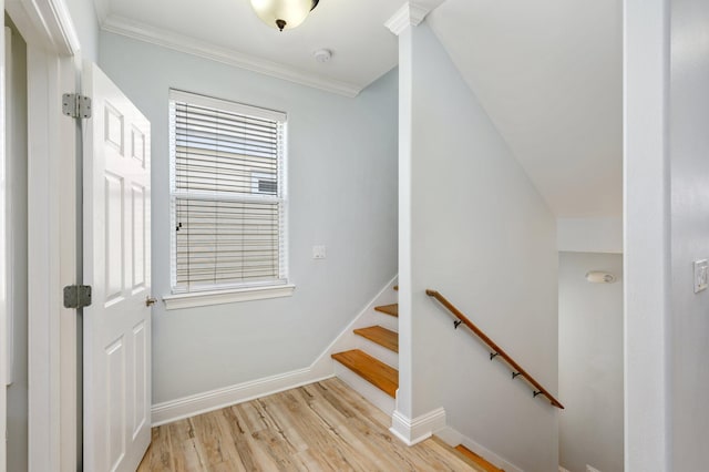 staircase with ornamental molding and light hardwood / wood-style flooring