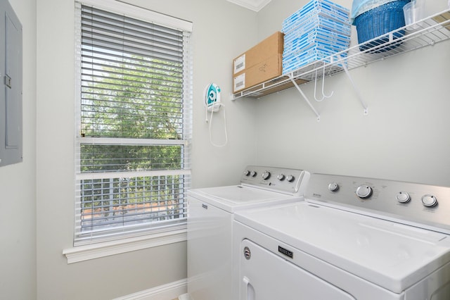 washroom with independent washer and dryer and crown molding