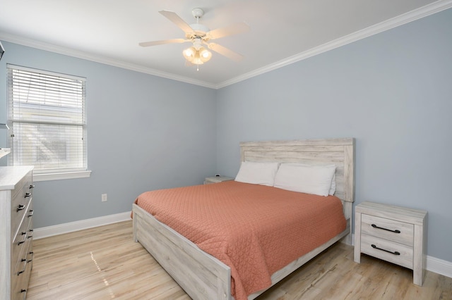 bedroom with ceiling fan, crown molding, and light wood-type flooring