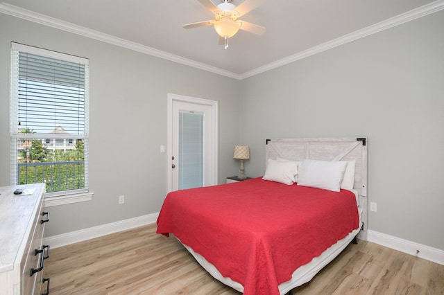 bedroom with ceiling fan, crown molding, and light wood-type flooring