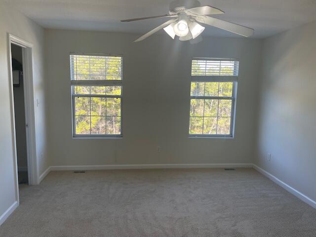 carpeted empty room with plenty of natural light and ceiling fan