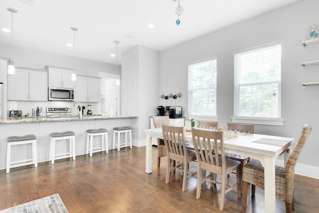 dining area with dark hardwood / wood-style floors and sink