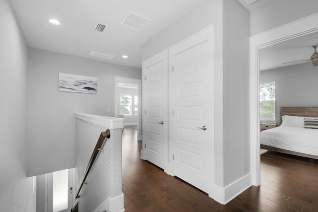 hall with a healthy amount of sunlight and dark wood-type flooring