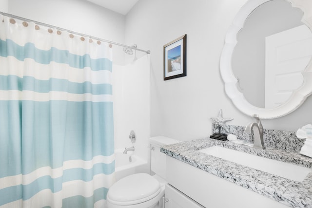 full bathroom with shower / bathtub combination with curtain, toilet, and large vanity