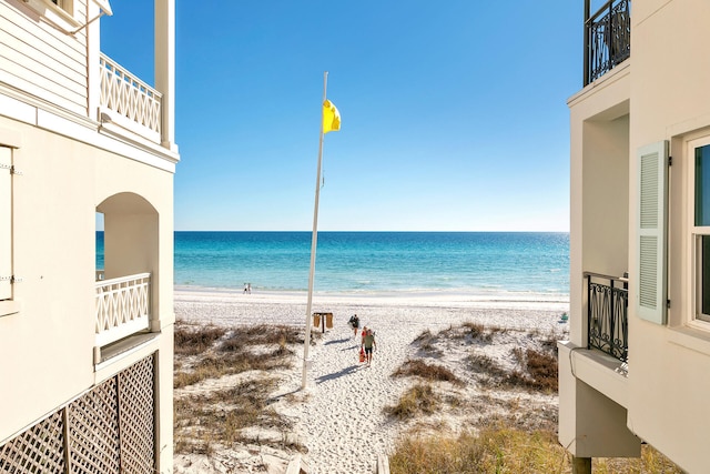 view of water feature with a beach view