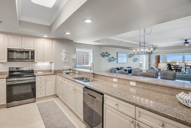 kitchen with light stone counters, sink, ceiling fan with notable chandelier, a raised ceiling, and stainless steel appliances