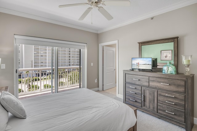 carpeted bedroom featuring ornamental molding, ceiling fan, and access to exterior