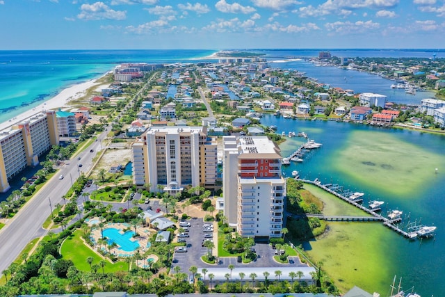 bird's eye view with a water view