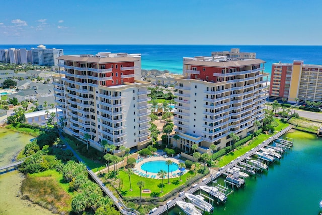 bird's eye view with a water view