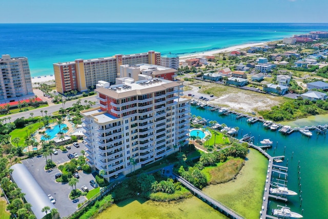 aerial view featuring a water view