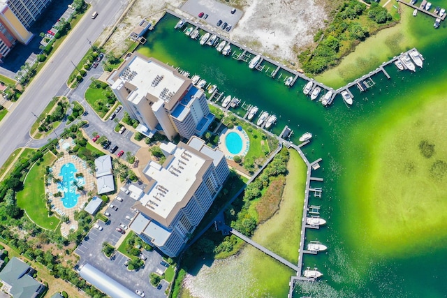 bird's eye view with a water view