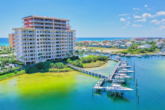 birds eye view of property featuring a water view