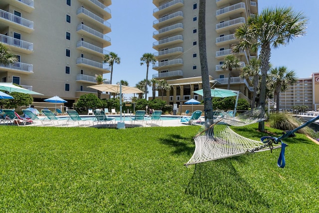 view of property's community featuring a swimming pool and a lawn