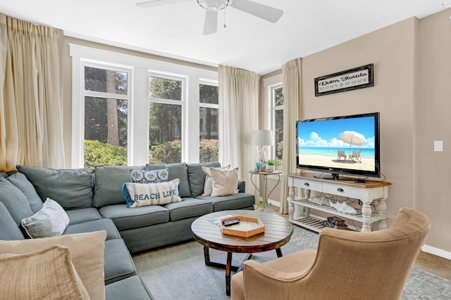 living room with ceiling fan