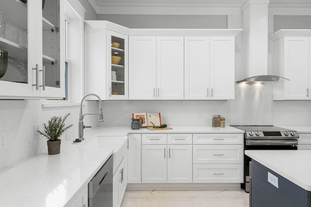 kitchen featuring custom exhaust hood, white cabinetry, ornamental molding, appliances with stainless steel finishes, and sink