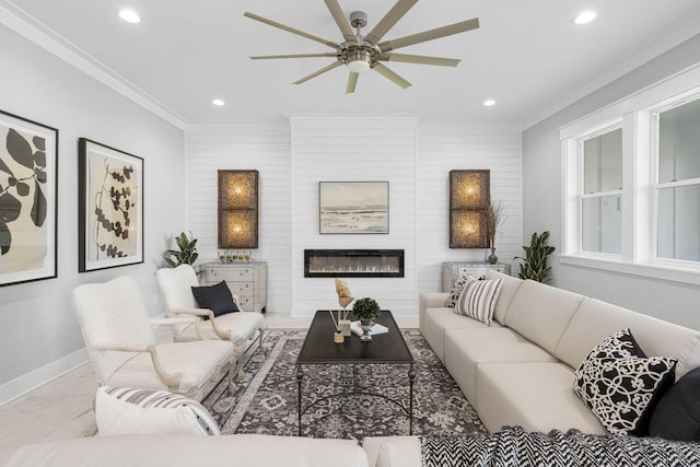 tiled living room featuring ceiling fan and crown molding