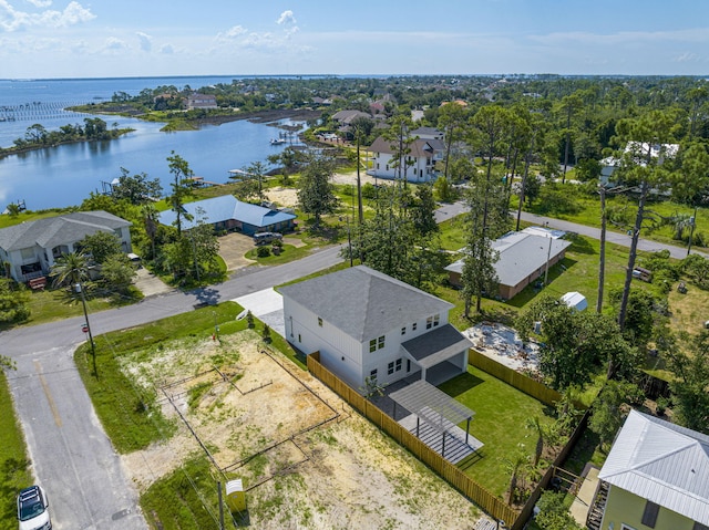 bird's eye view with a water view