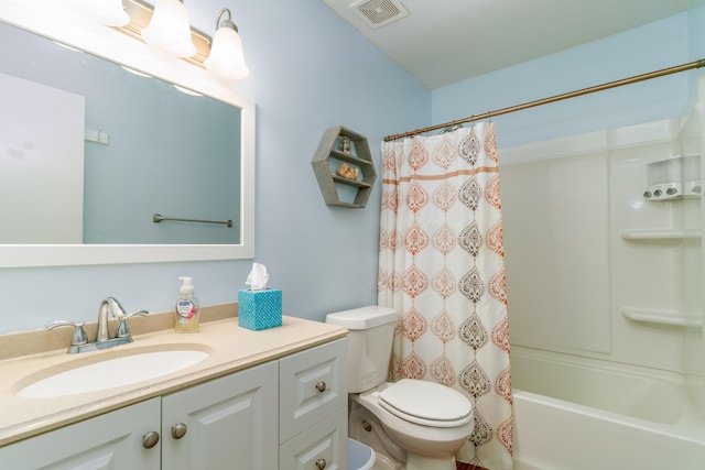 full bathroom featuring toilet, vanity, and shower / tub combo with curtain