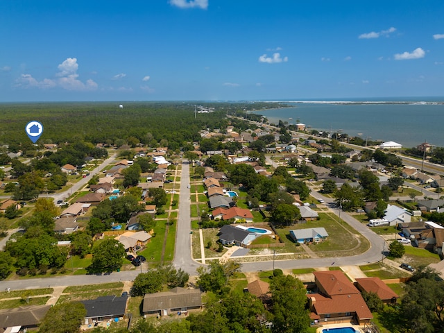 drone / aerial view with a water view