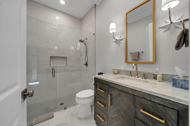 bathroom with a shower with shower door, vanity, toilet, and tile flooring