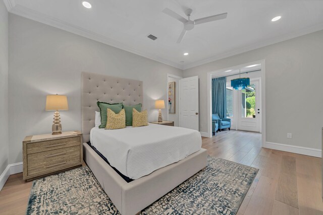 bedroom with crown molding, ceiling fan, and light wood-type flooring