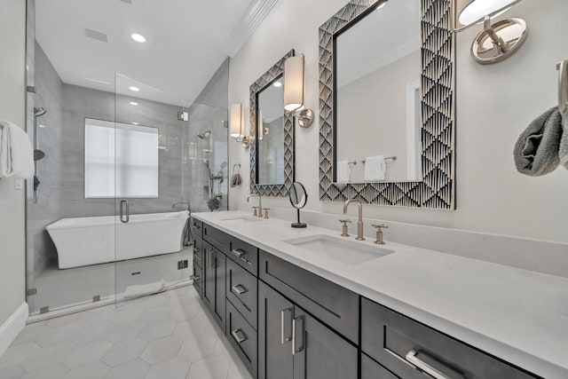 bathroom featuring walk in shower, tile floors, double vanity, and crown molding