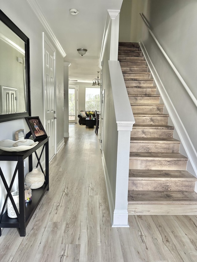 stairway with hardwood / wood-style floors, a chandelier, and ornamental molding