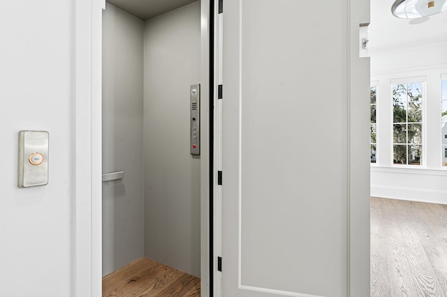 corridor featuring crown molding, elevator, and wood-type flooring