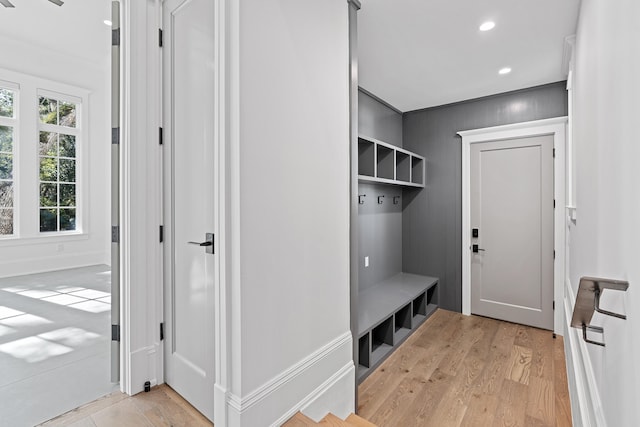 mudroom with light hardwood / wood-style floors and a healthy amount of sunlight