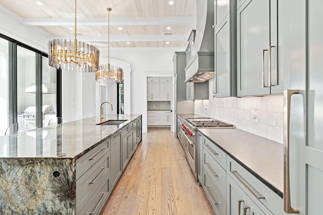 kitchen with beamed ceiling, light hardwood / wood-style floors, double oven range, wood ceiling, and gray cabinets